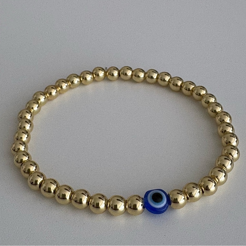 Gold Beaded Bracelet with Blue Evil Eye Bead - Picture 4 of 4